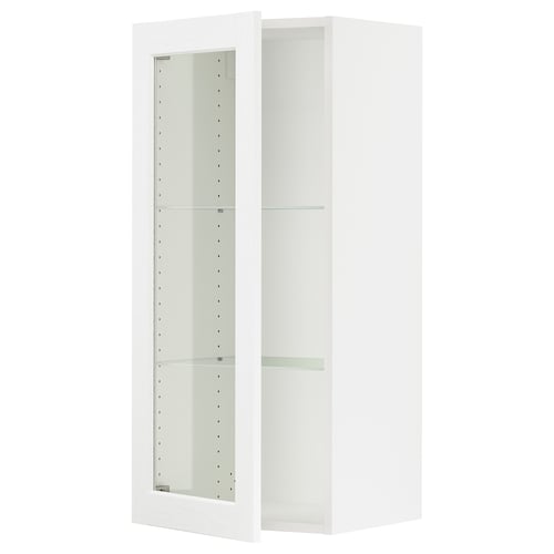 This image shows a white SEKTION kitchen cabinet with glass doors and a wood grain finish. It has adjustable shelves and a soft-close hinge.