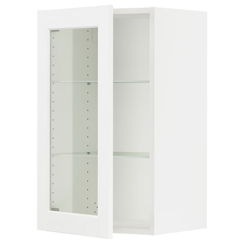 SEKTION white cabinet with glass doors, sleek design, adjustable shelves, nickel hinges, durable.