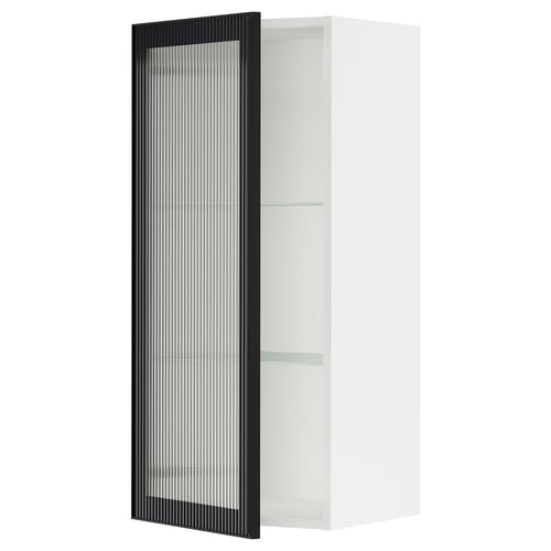 SEKTION kitchen cabinet with black hejsta glass door featuring reeded glass and metal frame. Tall, rectangular, sleek modern design.
