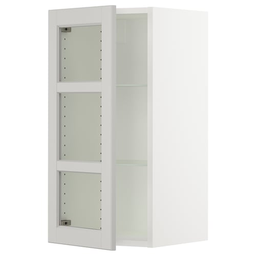 White SEKTION kitchen cabinet with three glass shelves.