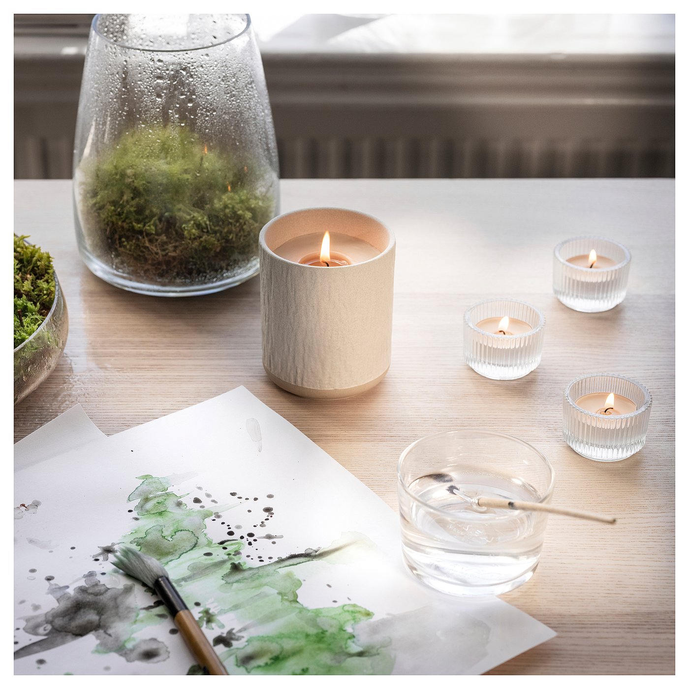 SILKESTRÄD scented tealight, dew & moss/off-white, 3.5 hr