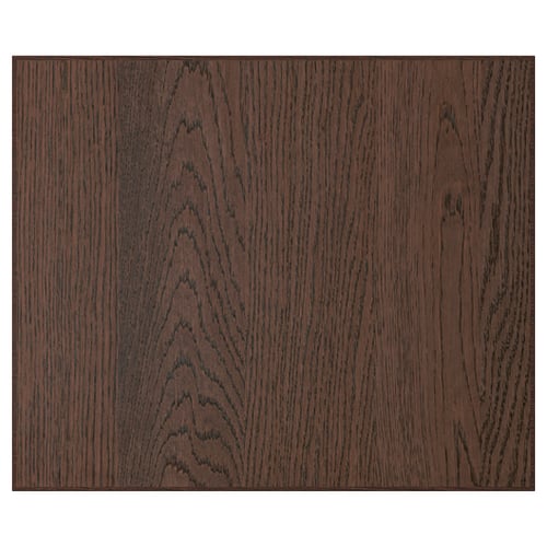 Dark wood-grain SINARP cabinet door with oak veneer and modern edging.