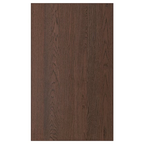 Dark wood-toned kitchen cabinet door with a modern look. Made of oak veneer with solid wood edge. Square shape, sleek and timeless design.
