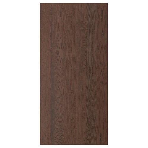 Dark wood-toned kitchen cabinet front with sleek, modern design, featuring oak veneer and solid wooden edge.