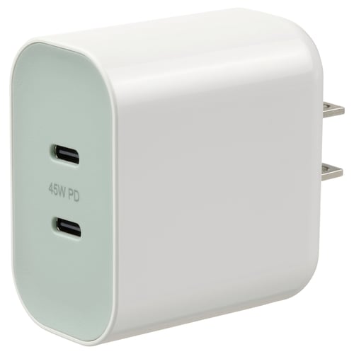 White SJÖSS charger with 2 usb-c ports, slim design.