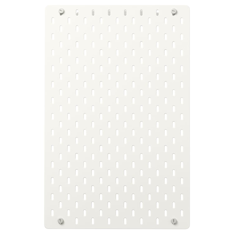 SKÅDIS white pegboard, rectangular, wall-mountable organiser with evenly spaced holes for accessories, made of steel and acrylic paint.