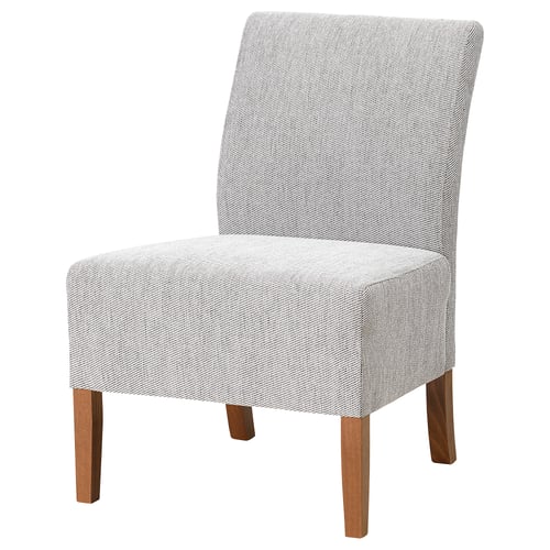 SKÅPAFORS chair, grey tweed-like fabric, wooden legs, high back, compact design.