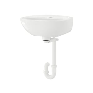 Small white wall-mounted basin, round and deep, minimal splashes, space-saving design.