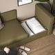Olive sofa with hidden compartment open, showing pillows inside.