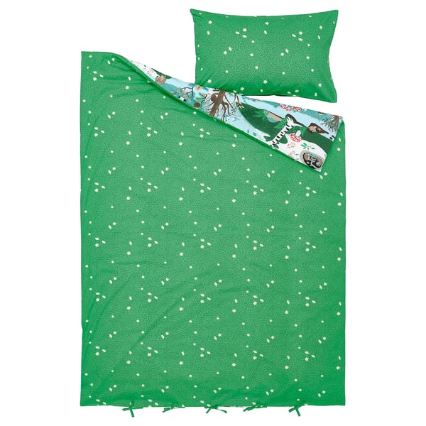 Green SKOGSDUVA duvet set, floral print, rectangular bedding with matching pillow, soft cotton blend.
