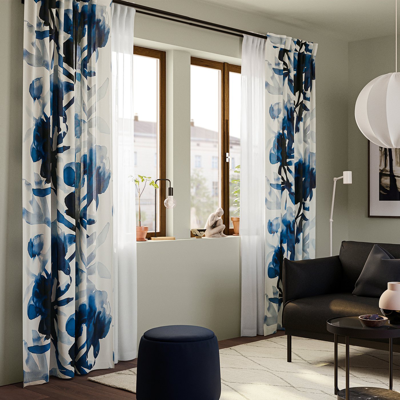 SKOGSNÄSSLA curtains, 1 pair, white/blue floral pattern/with