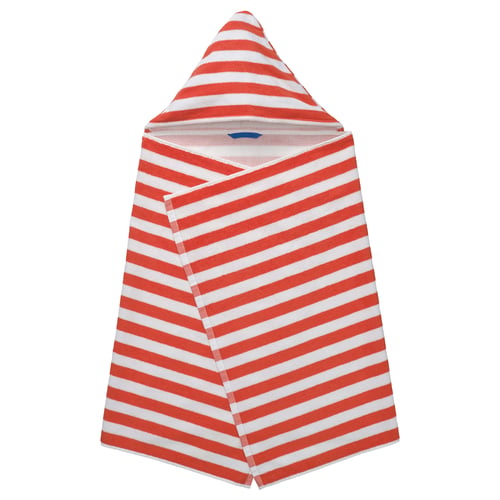 This image a red and white striped childrens hooded towel, shaped for cosy drying. Made of soft cotton.