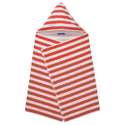SKOGSSALLAT Towel with hood, red/white/stripe, 28x55 "