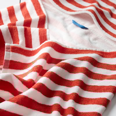 SKOGSSALLAT Towel with hood, red/white/stripe, 28x55 "
