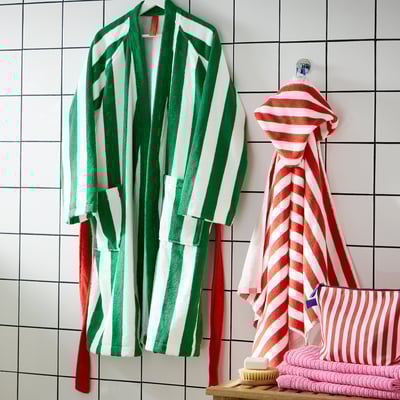 SKOGSSALLAT Towel with hood, red/white/stripe, 28x55 "