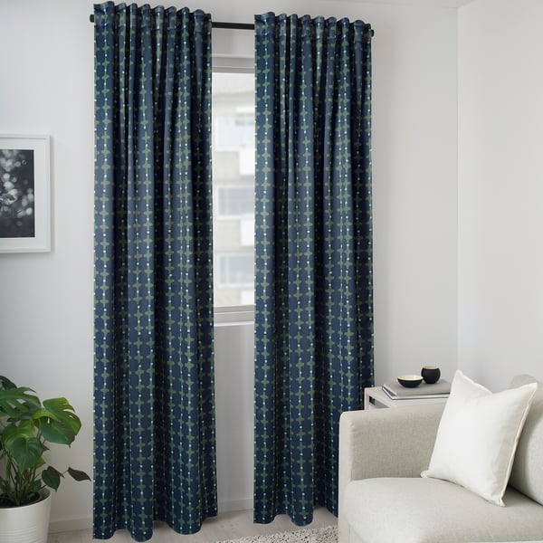 SKOGSSVINGEL Room darkening curtains, 1 pair, dark blue/green, 50x98 "