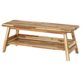 SKOGSTA wooden bench, brown, solid acacia, rectangular with shelf.
