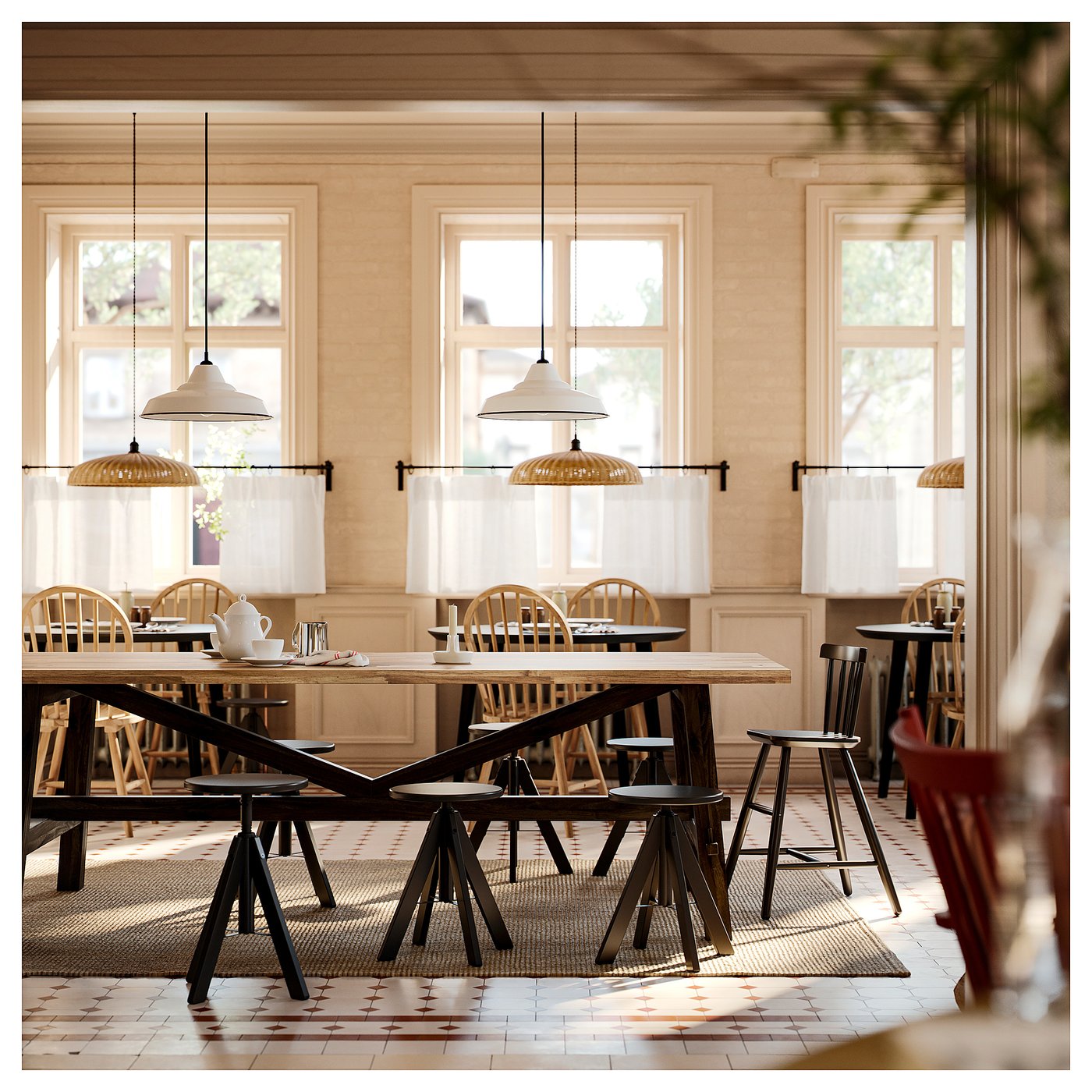 SKOGSTA dining table, acacia/black, 921/2x393/8