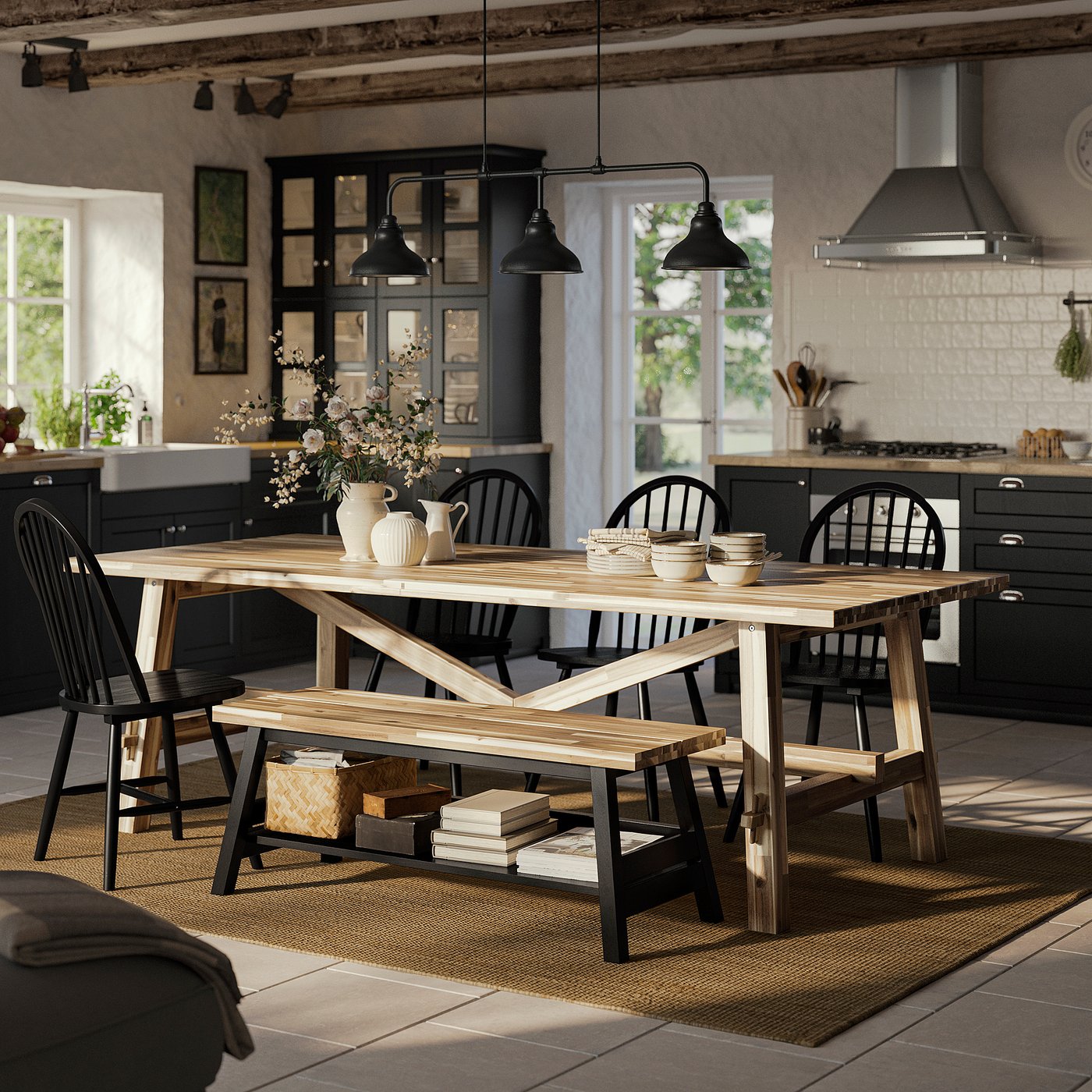 Table+4 chairs bench, acacia/black acacia/black 2