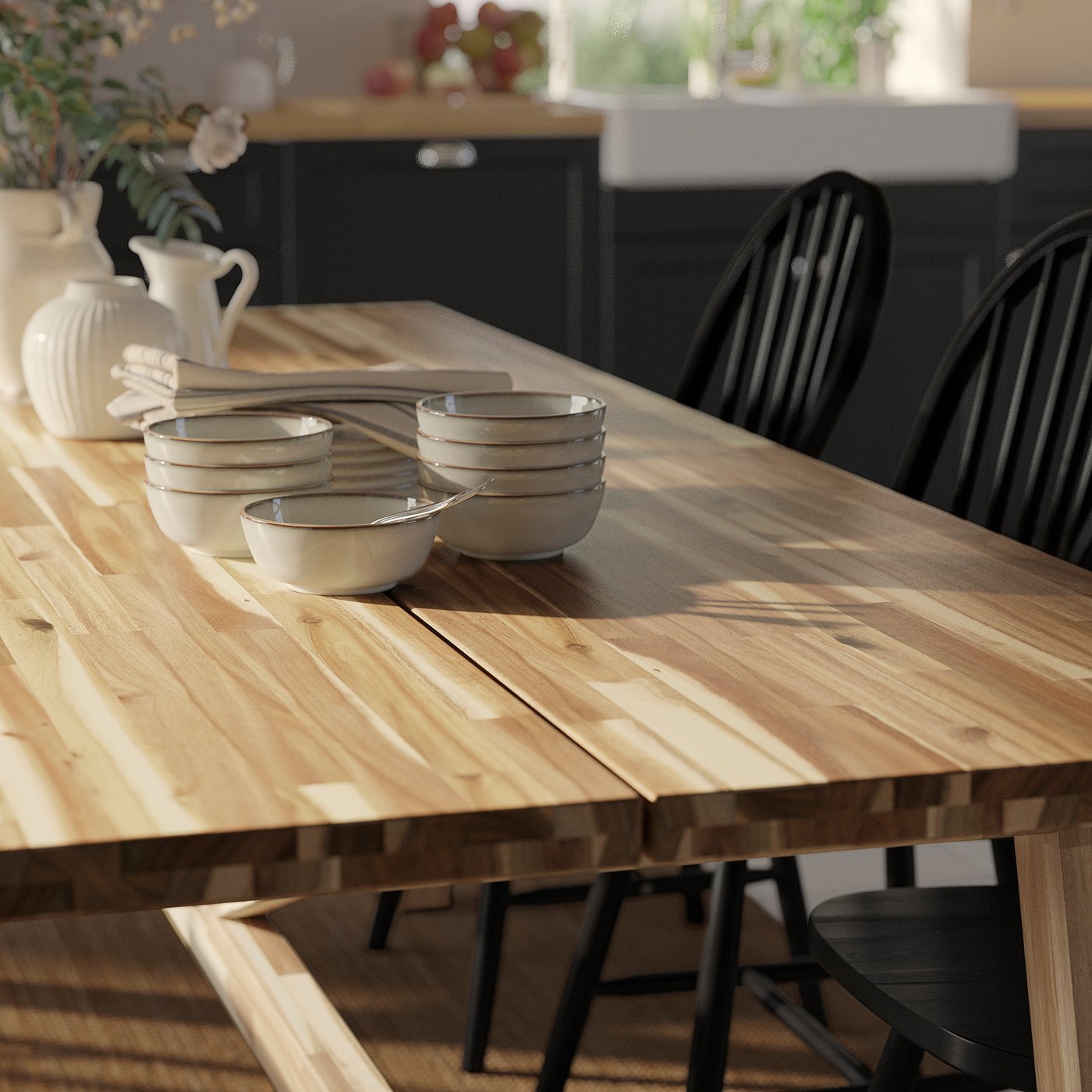 Table and 6 chairs, acacia/black 3