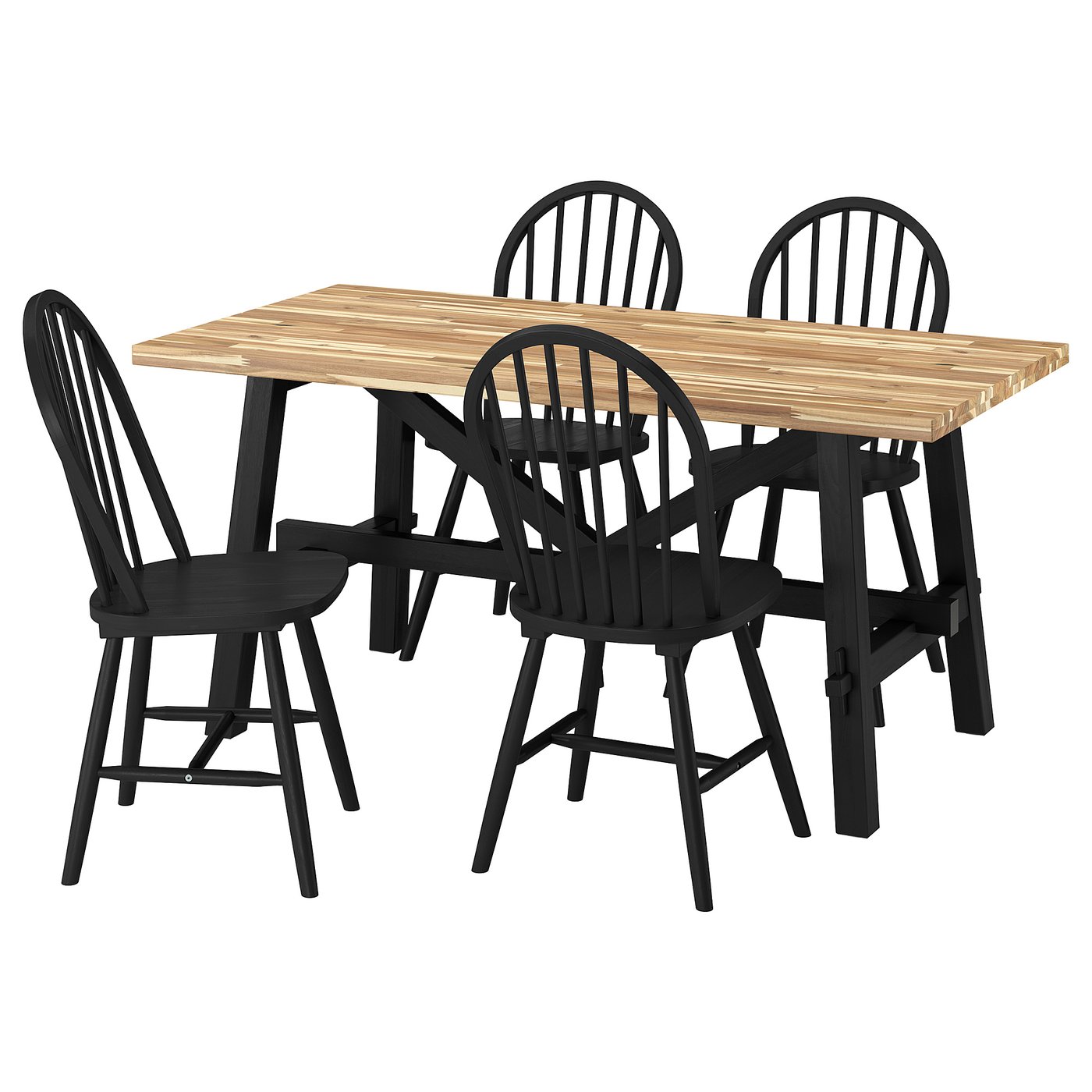 SKOGSTA table and 4 chairs, acacia/black/black, 63x317/8