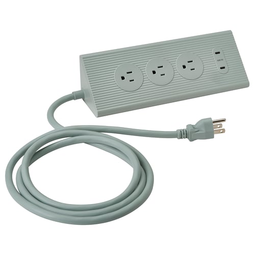 SKOTAT grey extension cord, minimalistic design, rectangular shape with 3 plugs and 2 usb ports, made of recycled polycarbonate plastic.