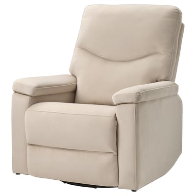 Beige recliner chair with swivel & rocking functions, soft armrests, and seamless footrest design.