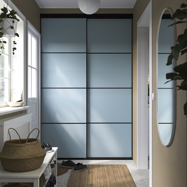 SKYTTA / AURDAL Reach-in wardrobe with sliding door, black dark gray/Mehamn light blue, 59 7/8x25 5/8x94 1/2 "