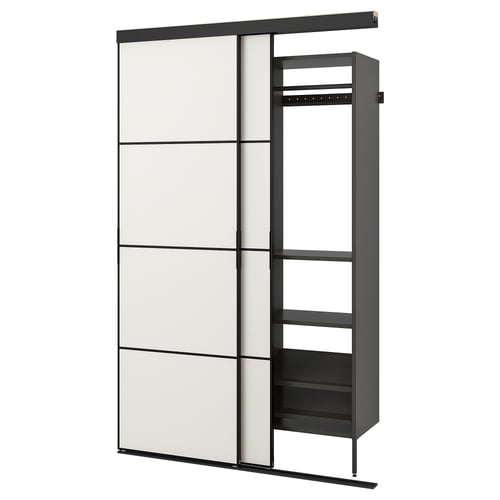 SKYTTA wardrobe with black metal frames and frosted glass, adjustable shelves and hanging rod.