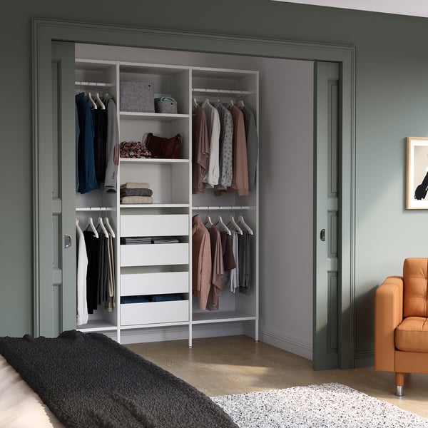 SKYTTA / AURDAL Walk-in wardrobe with sliding doors, white Mehamn/Auli/white stained oak effect mirror glass, 79 1/2x45 1/4x94 1/2 "