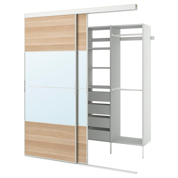 SKYTTA / AURDAL Walk-in wardrobe with sliding doors, white Mehamn/Auli/white stained oak effect mirror glass, 79 1/2x45 1/4x94 1/2 "