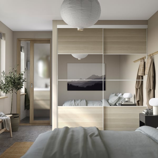 SKYTTA / AURDAL Walk-in wardrobe with sliding doors, white Mehamn/Auli/white stained oak effect mirror glass, 79 1/2x45 1/4x94 1/2 "