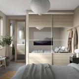 SKYTTA / AURDAL Walk-in wardrobe with sliding doors, white Mehamn/Auli/white stained oak effect mirror glass, 79 1/2x45 1/4x94 1/2 "
