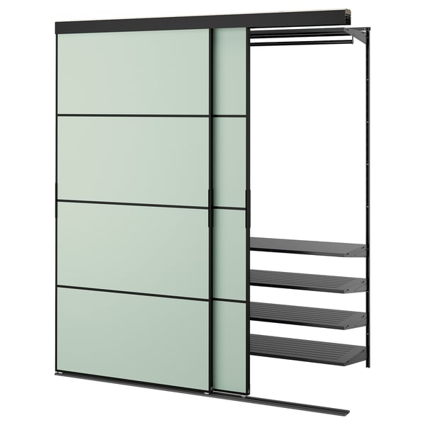 SKYTTA / BOAXEL Reach-in wardrobe with sliding door, black metal/Mehamn light green, 69 5/8x25 5/8x80 1/2 "