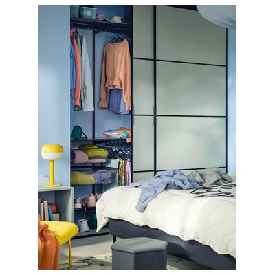 SKYTTA / BOAXEL Reach-in wardrobe with sliding door, black metal/Mehamn light green, 79 1/2x25 5/8x94 1/2 "