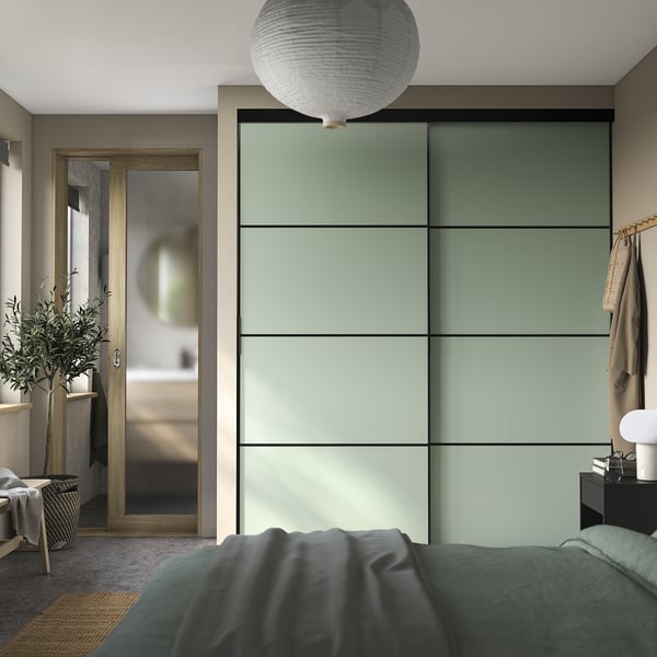SKYTTA / BOAXEL Reach-in wardrobe with sliding door, black metal/Mehamn light green, 79 1/2x25 5/8x94 1/2 "