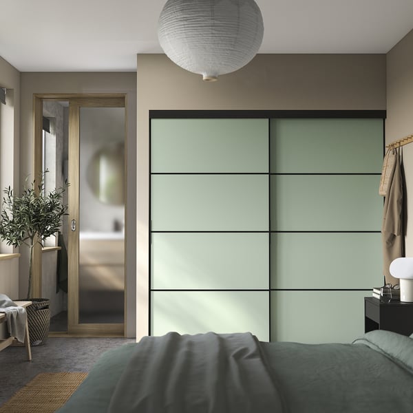 SKYTTA / BOAXEL Reach-in wardrobe with sliding door, black metal/Mehamn light green, 79 1/2x25 5/8x80 1/2 "