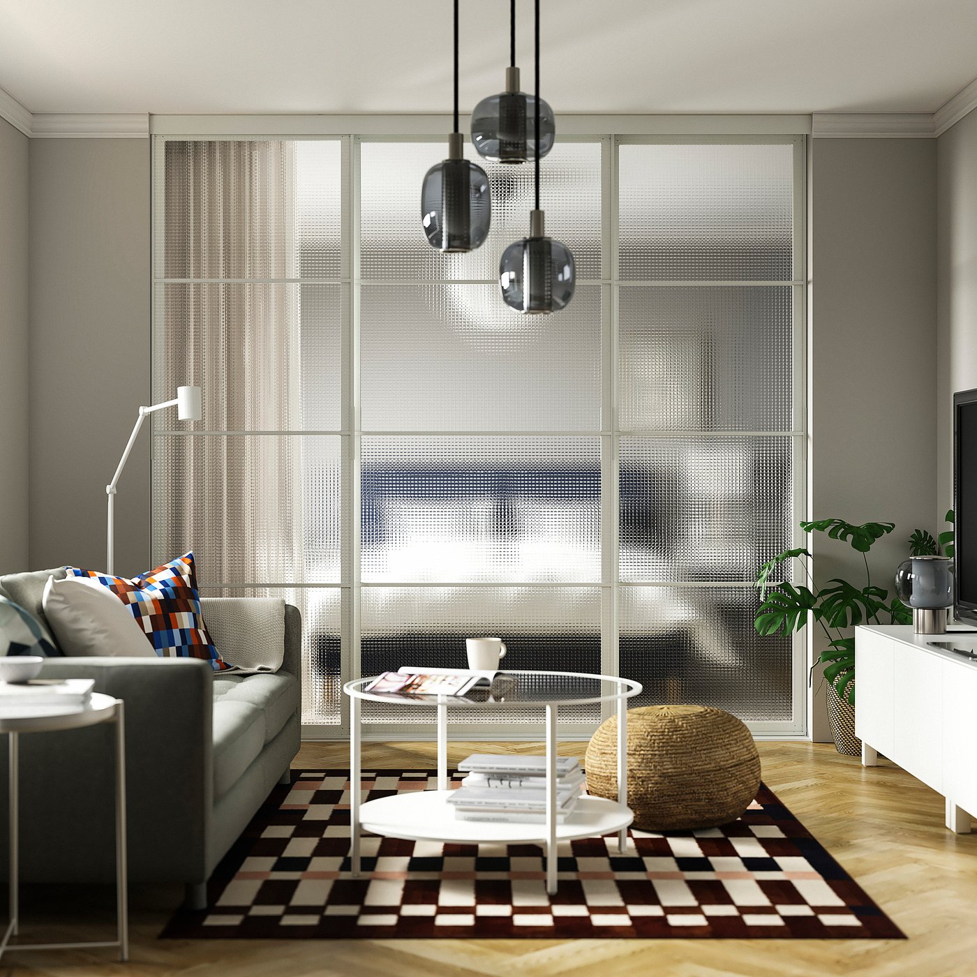 SKYTTA / LUNDBRÄSMA sliding door, white/checkered glass, 987/8x941