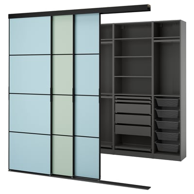 SKYTTA / PAX Walk-in wardrobe with sliding doors, black dark gray/Mehamn light blue/light green, 98 7/8x45 1/4x94 1/2 "