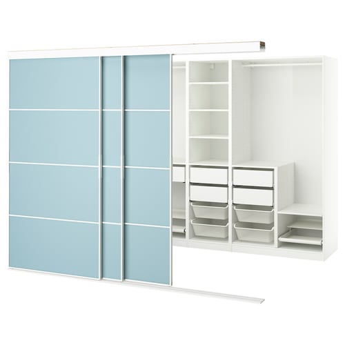 SKYTTA / PAX Walk-in wardrobe with sliding doors, white double sided/Mehamn light blue, 108 5/8x63x80 1/2 "