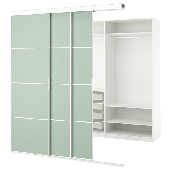 SKYTTA / PAX Walk-in wardrobe with sliding doors, white double sided/Mehamn light green, 89x63x94 1/2 "