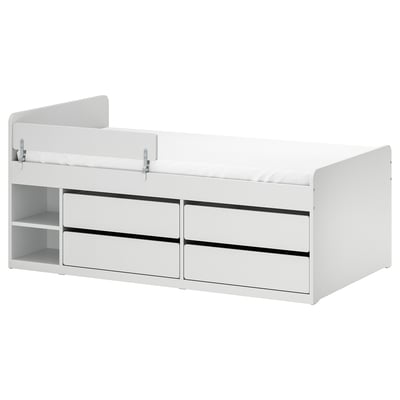 SLÄKT / NATTAPA Bed frm w strg+guard rl+slat bd bse, white, Twin