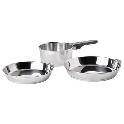 SLÄTROCKA 3pc cookware - stainless steel, removable handles, stackable, all hobs