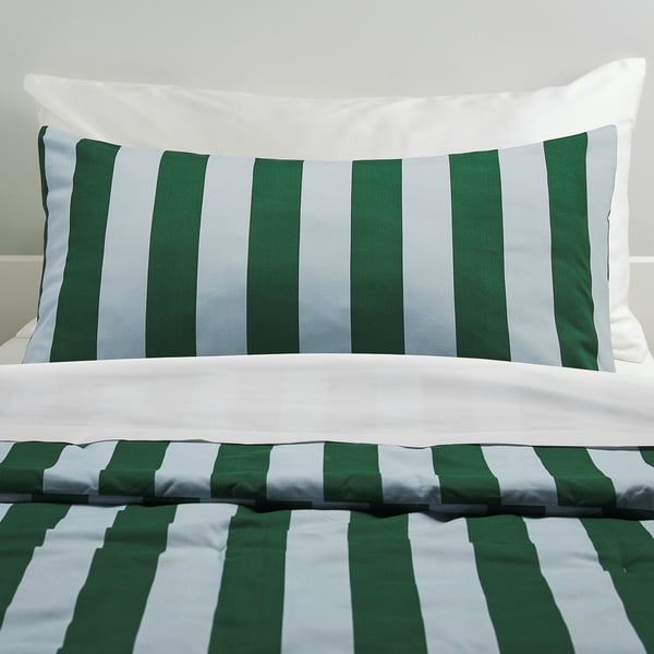 Green and white striped bedding set with a soft, recycled fabric, including a cosy comforter and pillow sham.