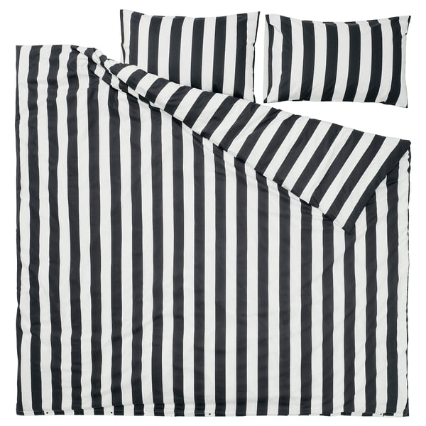 SLÅNHÖSTMAL Duvet cover and pillowcase(s), black/white/stripe, Full/Queen (Double/Queen)