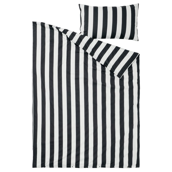 SLÅNHÖSTMAL Duvet cover and pillowcase(s), black/white/stripe, Twin