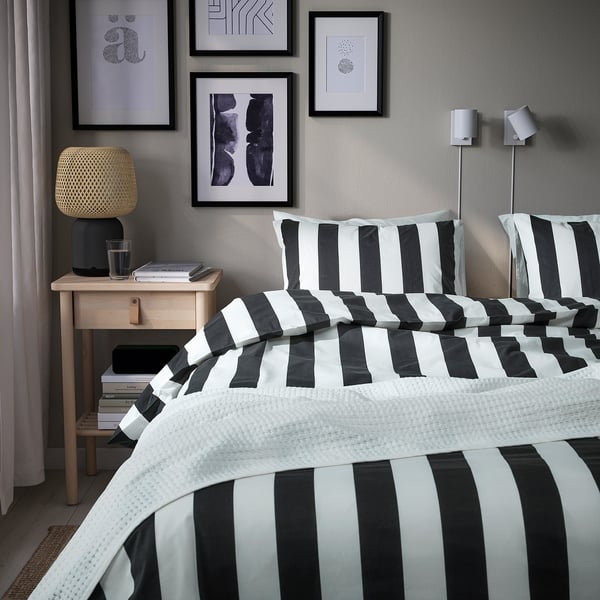 SLÅNHÖSTMAL Duvet cover and pillowcase(s), black/white/stripe, Full/Queen (Double/Queen)