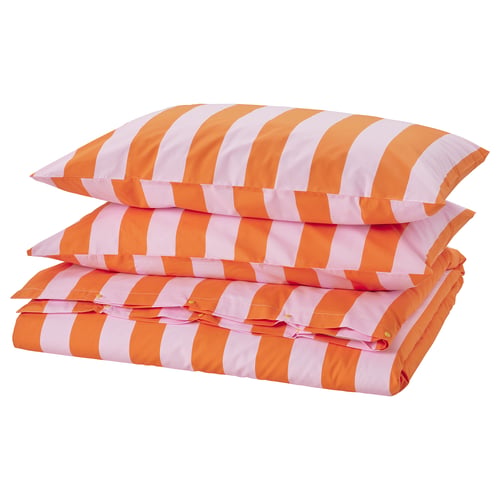 SLÅNHÖSTMAL bedding set: orange & white stripes, cotton blend, rectangular, crisp percale weave.