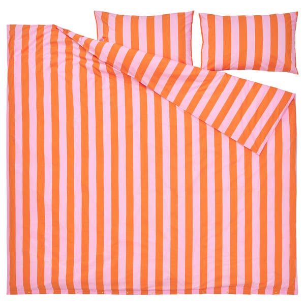 SLÅNHÖSTMAL Duvet cover and pillowcase(s), orange/pink/stripe, King