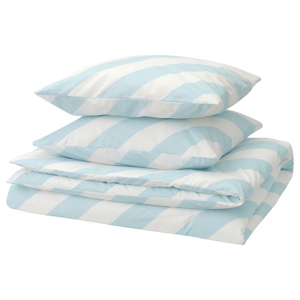 SLÖJSILJA Duvet cover and pillowcase(s), light blue/white/stripe, King